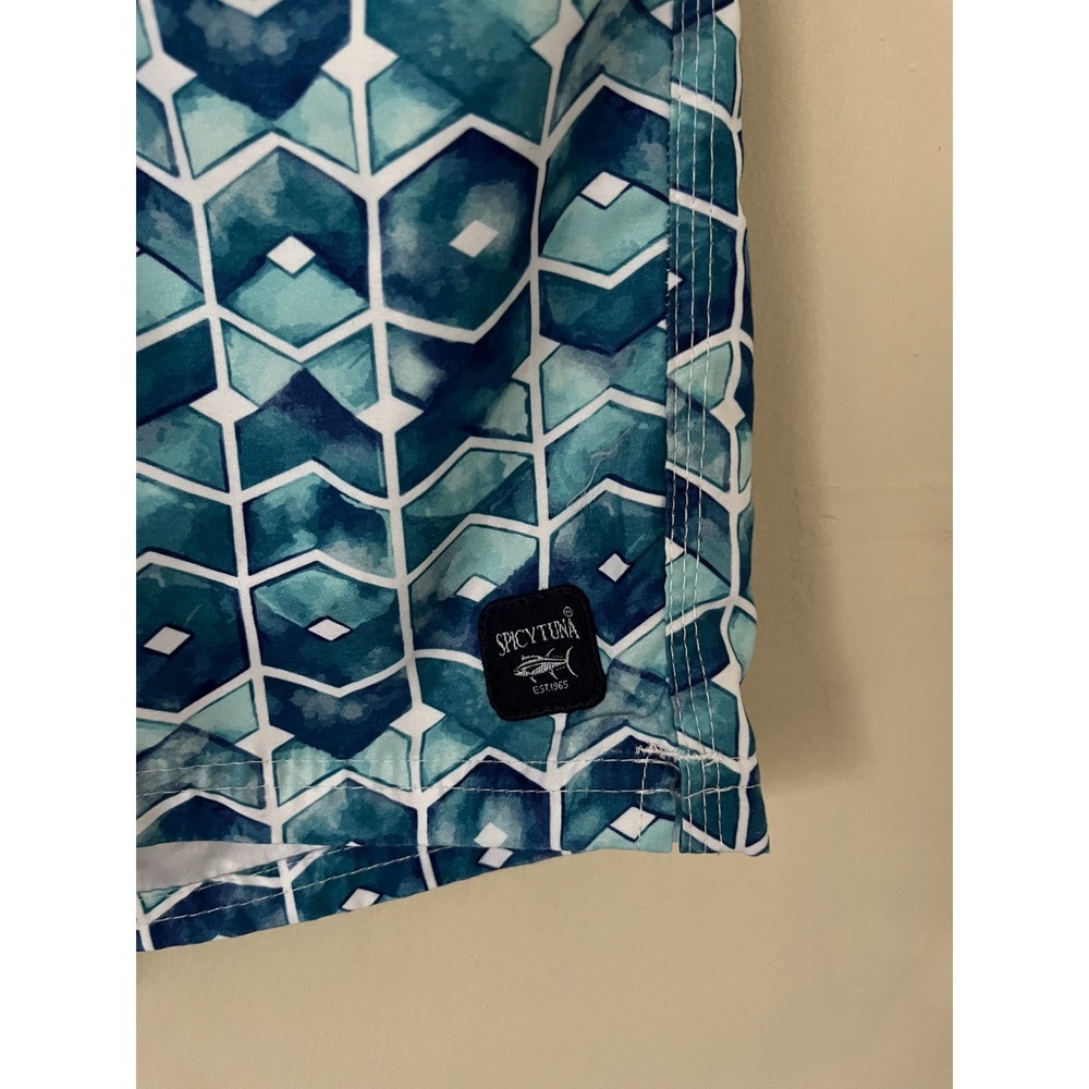 Spicy Tuna Mens Blue Geometric Hexagon Print Swim Trunks Mesh Lined Small - Picture 2 of 8